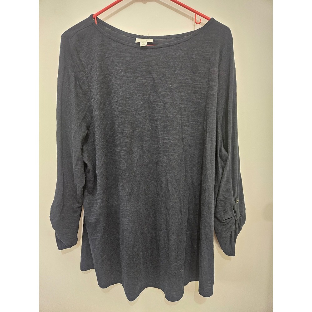 J. Jill Navy‎ Blue 100% Cotton Slub Knit Roll Tab Sleeve Top XL Petite